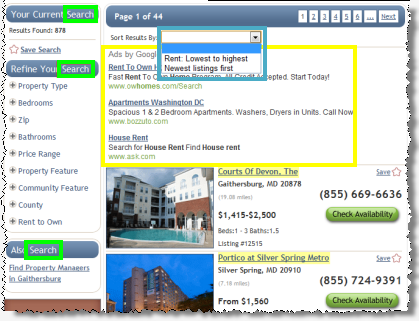 Apartmentguide repeatedly describes itself as a 'search' site (green highlighting).