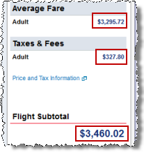 AA.COM quotes a 'fare' and 'taxes & fees' that do not actually sum to the listed 'total'