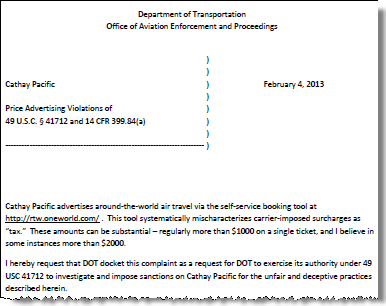 Edelman complaint to DOT - February 4, 2013 - re Cathay Pacific