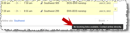 If an airline declines to participate in Google Flights, its listings are labeled 'no booking links available.' Google fails to offer a more helpful link or booking shortcut, even though it could easily do so.