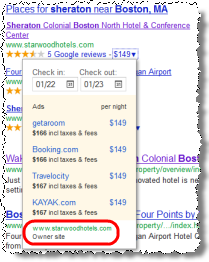 Google links to the 'owner site' only at the far bottom of the drop-down -- putting all advertisers in more prominent positions.