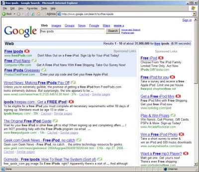 Google organic (left) and sponsored (top, right) search results for the keyword phrase 'free ipods.'