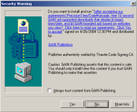 A Claria drive-by download prompt -- allowing the user to press 'Yes' and have software installed, without first seeing Claria's license agreement.