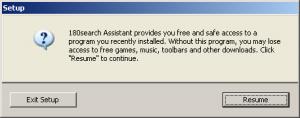 180 installer -- second screen if  users initially decline.  Pressing "Resume" causes installation to proceed immediately, without any further opportunity to review 180's license or to decline installation.