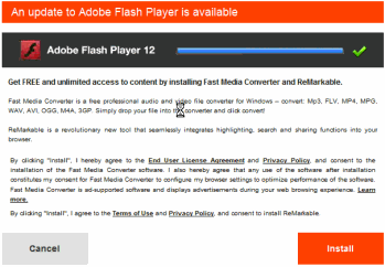 Deceptive Fast Media Converter installation solicitation pretends to be a Flash Player update.  It installs Blinkx adware (and more).