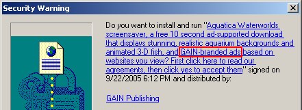 Claria's current ActiveX installation prompt -- omitting the word "pop-up."