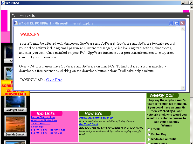 A Claria screensaver ad within a Venus123 popup. 