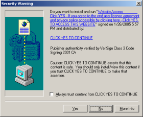 An ActiveX installer with a misleading company name, purportedly  "click yes to continue."