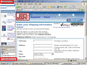 A popunder of J&R, purchased by MyGeek and delivered via Direct Revenue as a user browses jr.com. If a user ultimately makes a purchase from J&R, the popunder causes J&R to pay commission to the affiliate, via LinkShare. So J&R ends up paying affiliate commissions even when users have requested its site specifically and by name -- a situation that would not otherwise entail paying affiliate commission.