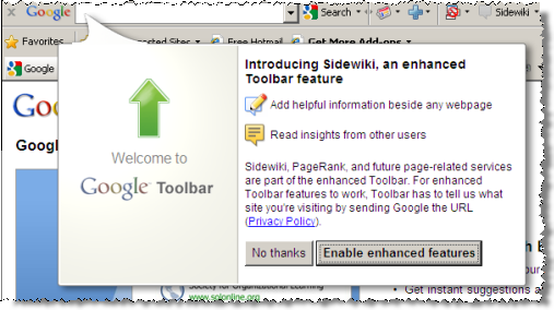 Google Toolbar invites users to activate Enhanced Features with a single click, the default.  Also, notice self-contradictory statements (transmitting 'site' names versus full 'URL' adresses).