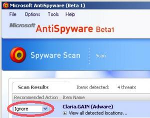 Microsoft AntiSpyware now recommends that users "ignore" Claria's presence on their PCs.