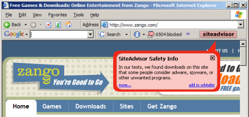 SiteAdvisor in action, evaluating zango.com.