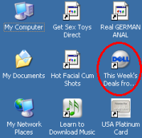 Screen-shot of the icons added to my test computer's desktop. Note a new link to Dell -- an affiliate link such that Dell pays commissions when users make purchases after clicking through this link.