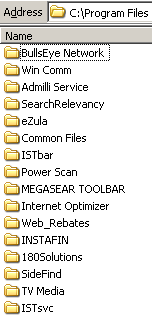 Screen-shot of my Program Files folder, showing some of the programs installed on my test computer.