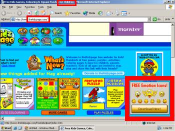 Ad for Ask Jeeves software is shown on a site catering to children.  Note the names of the video games offered -- e.g.  Skoolrush and MOnkey Slide.