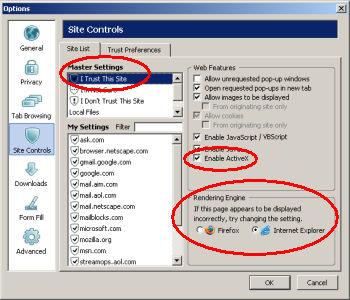 Netscape 8's Site Controls configuration screen, granting bonus features to sites with a preferred trust rating.