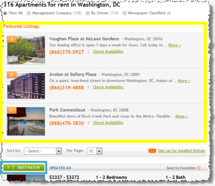 Apartments.com grants preferred placement to 'Featured Listings' and 'Best Match' listings which are actually those advertisers who pay the highest prices.
