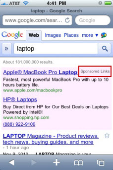 Google's mobile search service continues to show 'Sponsored Links' as of November 9, 2010.