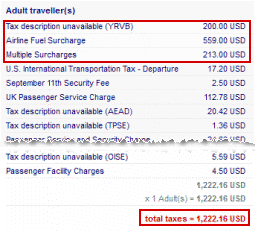 AA itemizes the supposed 'taxes', which turn out to include three large carrier-imposed surcharges.  The second and third are described as 'surcharge' (which some consumers might recognize as distinct from a bona fide tax), but the first is again falsely described as 'tax'