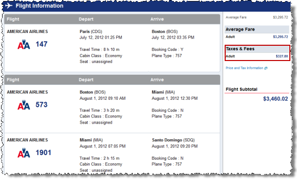 AA places within the box labeled 'taxes & fees' certain charges that are actually carrier-imposed surcharges.