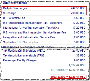 Cathay Pacific itemizes the supposed 'taxes', which turn out to include two large carrier-imposed surcharges.  The top two listings are described as 'surcharge' (which some consumers might recognize as distinct from a bona fide tax), but the final 'total' line reaffirms (falsely) that these are in fact 'taxes'