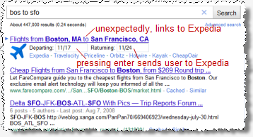 Google gives the most prominent link on the page to Expedia, though no on-screen label on the page gives any indication of the link's destination.