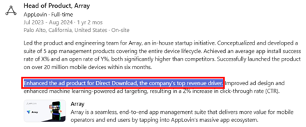 Remarks from ex-employee Jia-Hong Xu, previously Head of Product for AppLovin Array, about the importance of that business