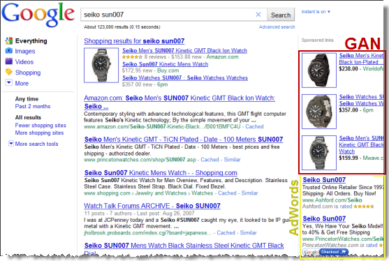 Google now grants GAN advertisers preferred placement in search results. Notice that the three GAN ads appear with images, whereas ordinary AdWords ads show only text. And Google places all GAN image ads at the top of the right rail -- above all right-side AdWords ads. 