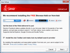 Oracle Java security updates install Ask Toolbar by default, with just a single click in a multi-step installer.