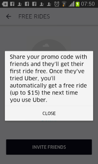 Uber specifically confirms that the friend's 'first ride' is free, while the existing user gets 'a free ride (up to $15).'