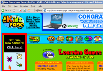 Ask toolbar ads running on TheKidzPage.com, a site catering to kids. 