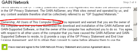 The corresponding section of today's Kazaa/Gator installer - without line breaks or bold type to separate section headings from their body text