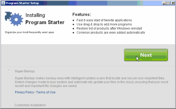 Deceptive Super Backup installation puts the Next button above disclosures, and makes no mention of any popups or any advertising at all.