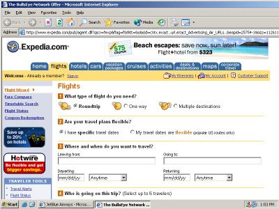 An Expedia popunder shown by eXact Advertising when I browsed to jetblue.com.  Shown after activation of the popunder.