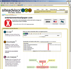 SiteAdvisor's detailed "dossier" report of entertainmentwallpaper.com -- reporting what downloads it offers (and what software they bundle), as well as links, emails, and other areas of  possible concern.