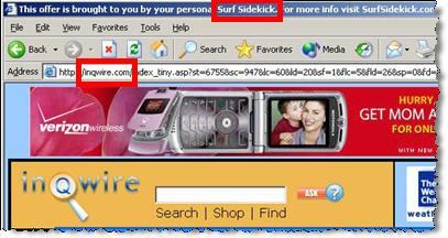 The Inqwire site, as loaded by SurfSidekick spyware.