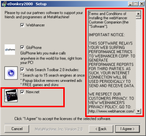 Another misleading New.net install -- disclosed via a one-word on-screen description ("New.net") without any explanation of function, purpose, or effect. Finding the New.net license agreement requires scrolling past 60+ pages of other vendors' licenses in the narrow box at right.