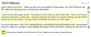 Claria license agreement as shown by Kazaa.  Yellow highlighting marks failure to properly format section headings and bulleted lists.  Green highlighting marks an example URL without an active hyperlink.