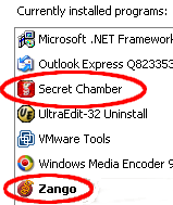 Screen-shot showing that when  Zango comes with Secret Chamber, Zango receives a separate entry in Add/Remove Programs.  Claria's Gator, in contrast, lacks such an entry.