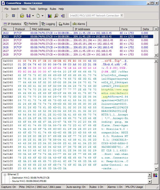 Screen-shot of network monitoring software showing WhenU's transmsisions contrary to its own privacy policy.